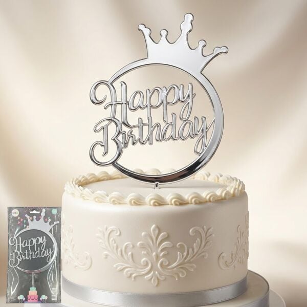 PASTA YAZISI PLASTİK HAPPY BİRTHDAY GÜMÜŞ TAÇLI