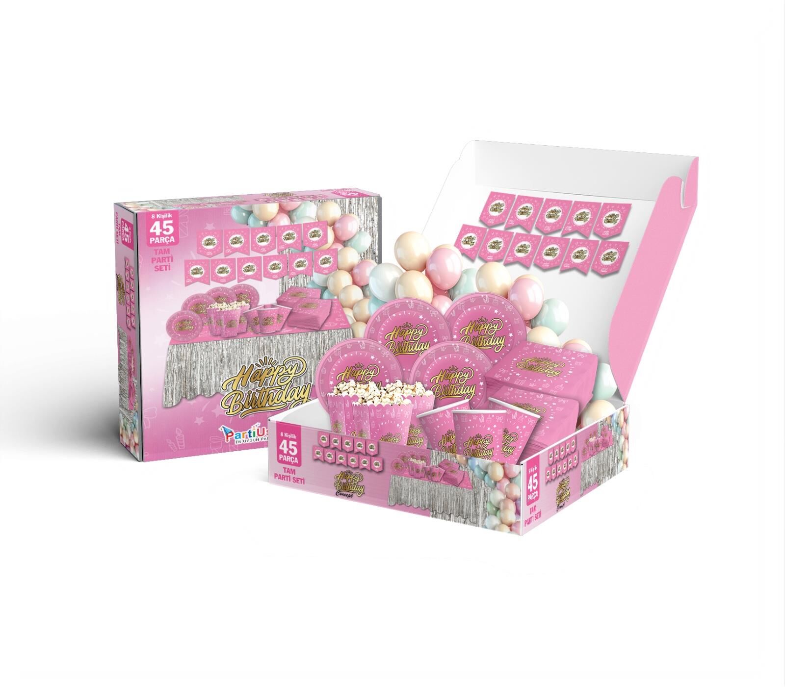PARTİ SETİ 8 KİŞİLİK HAPPY PEMBE