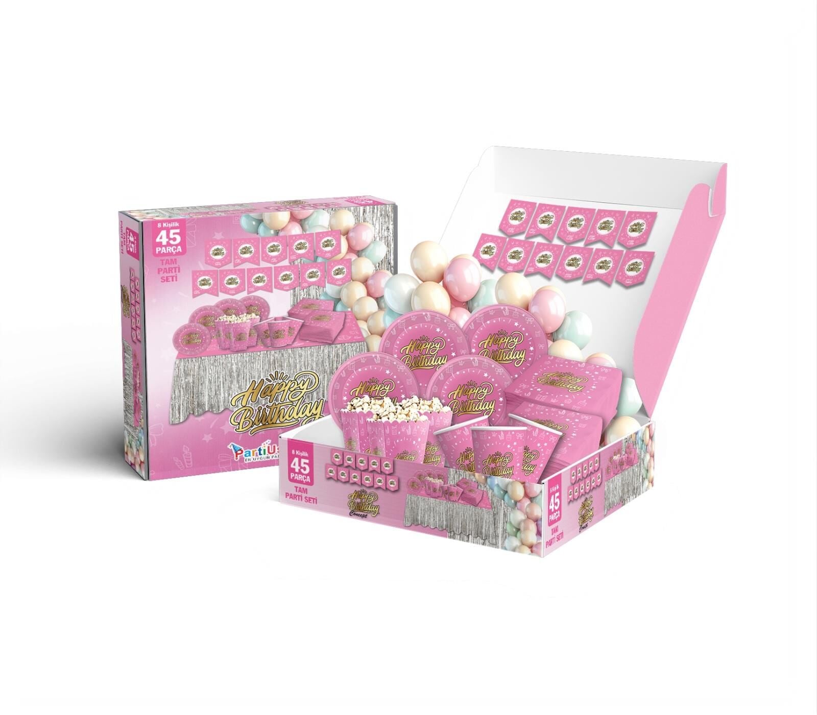 PARTİ SETİ 8 KİŞİLİK HAPPY PEMBE