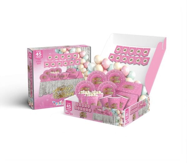 PARTİ SETİ 8 KİŞİLİK HAPPY PEMBE