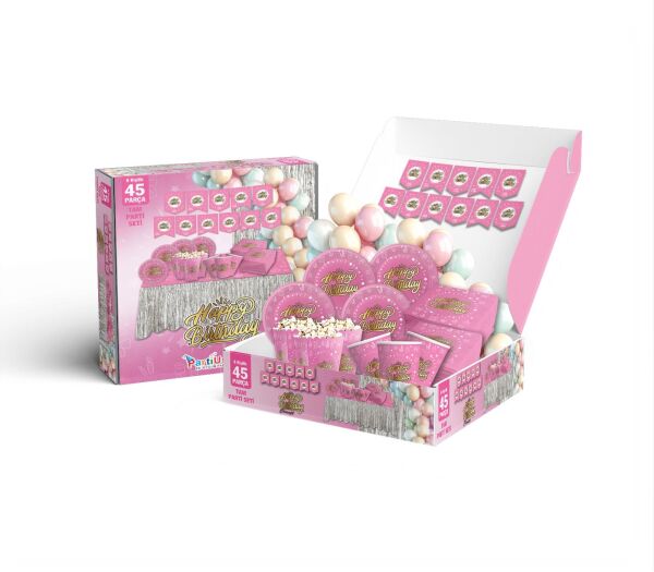 PARTİ SETİ 8 KİŞİLİK HAPPY PEMBE