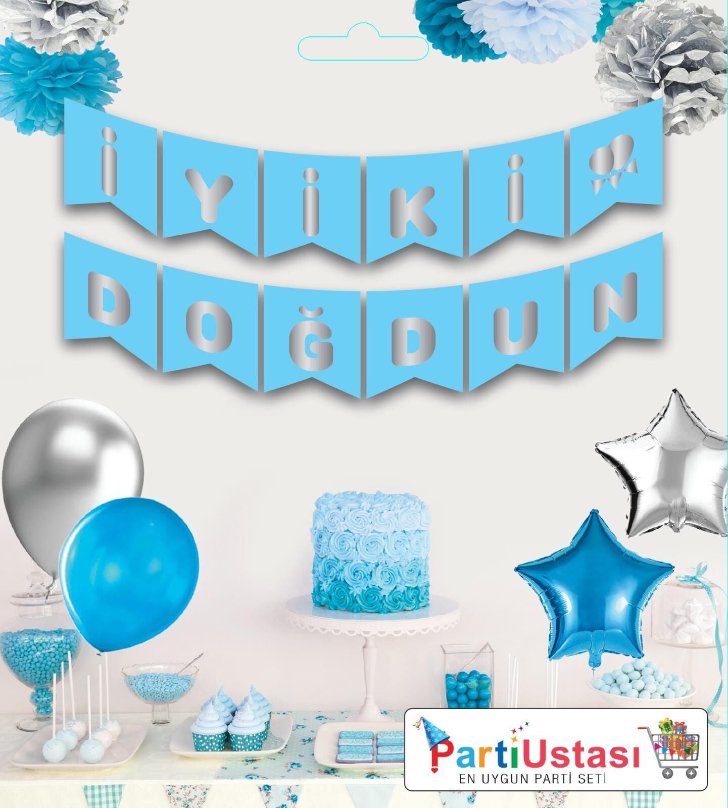 YAZI VARAKLI ZARF BANNER İYİKİ DOĞDUN MAVİ GÜMÜŞ