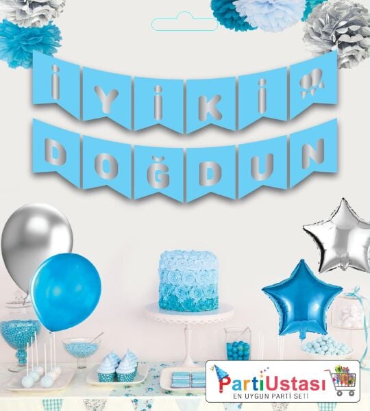 YAZI VARAKLI ZARF BANNER İYİKİ DOĞDUN MAVİ GÜMÜŞ