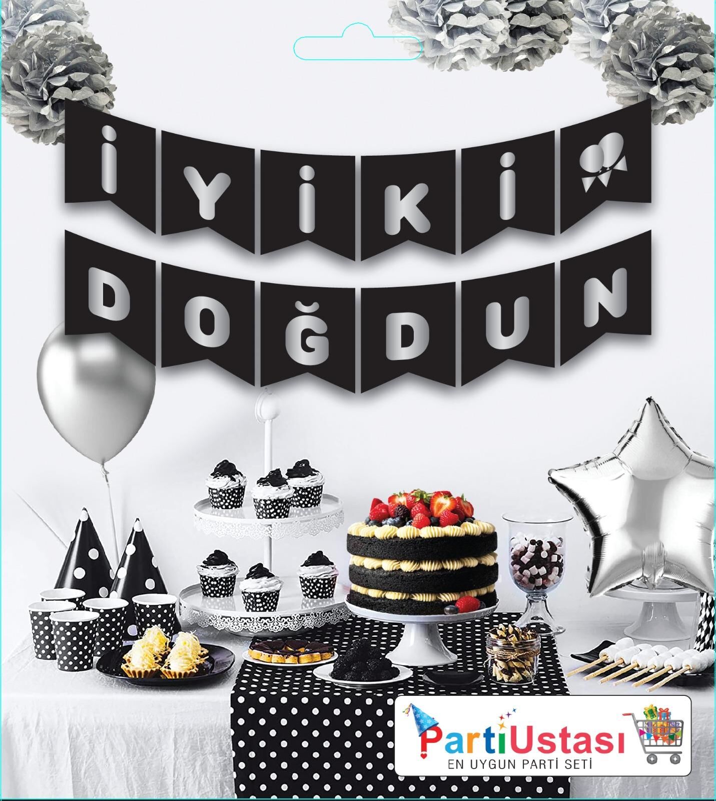YAZI VARAKLI ZARF BANNER İYİKİ DOĞDUN SİYAH GÜMÜŞ
