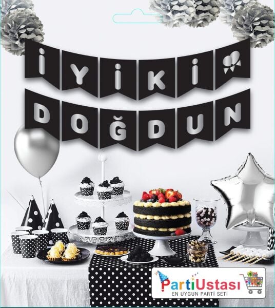 YAZI VARAKLI ZARF BANNER İYİKİ DOĞDUN SİYAH GÜMÜŞ
