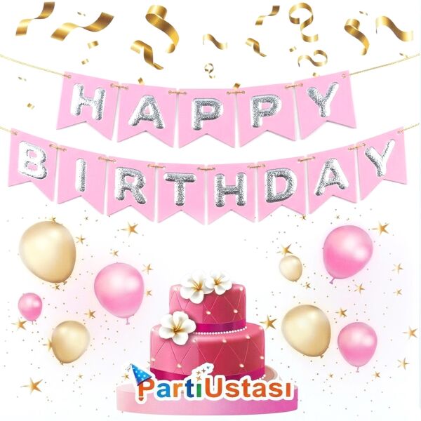YAZI VARAKLI ZARF BANNER HAPPY PEMBE GÜMÜŞ