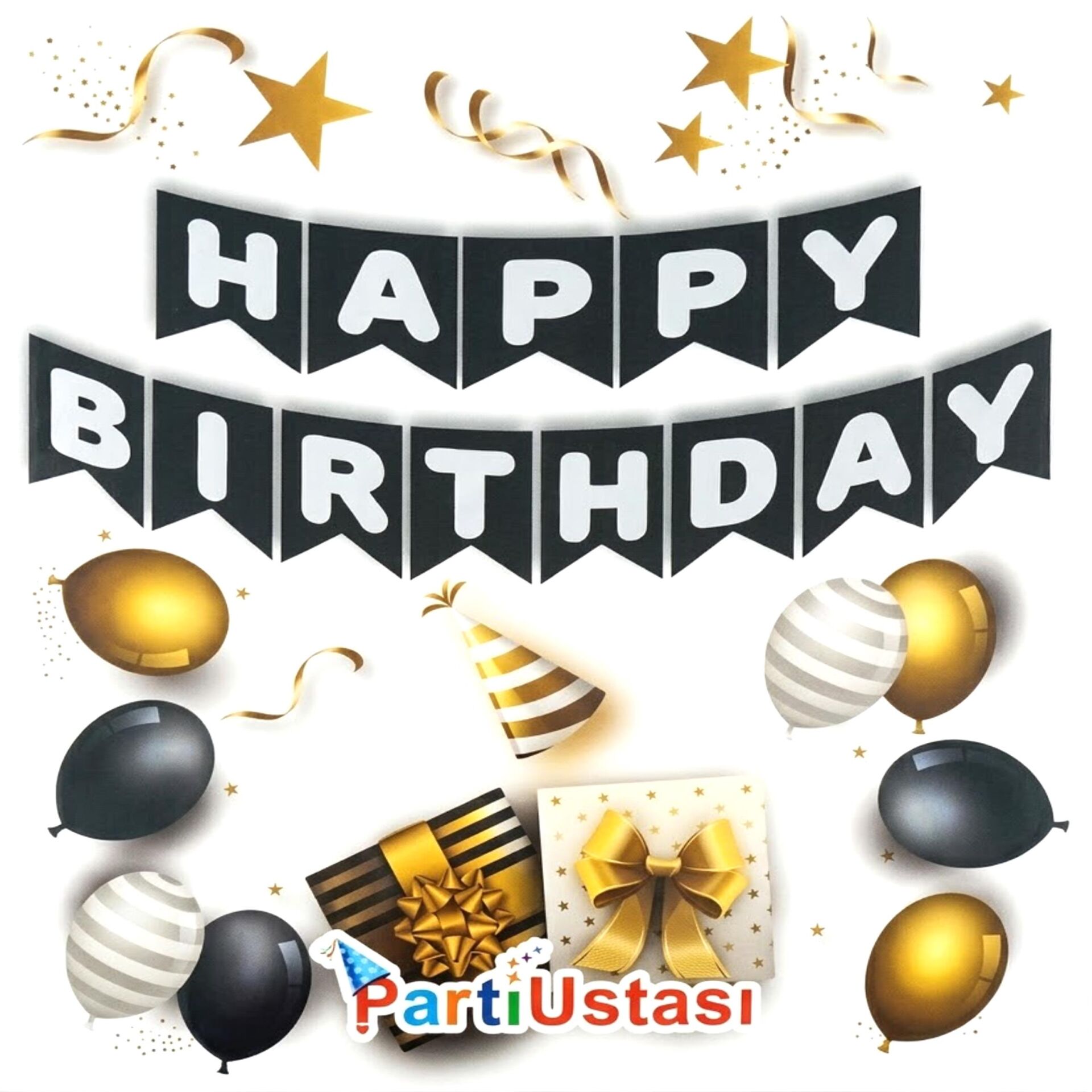 YAZI VARAKLI ZARF BANNER HAPPY SİYAH GÜMÜŞ