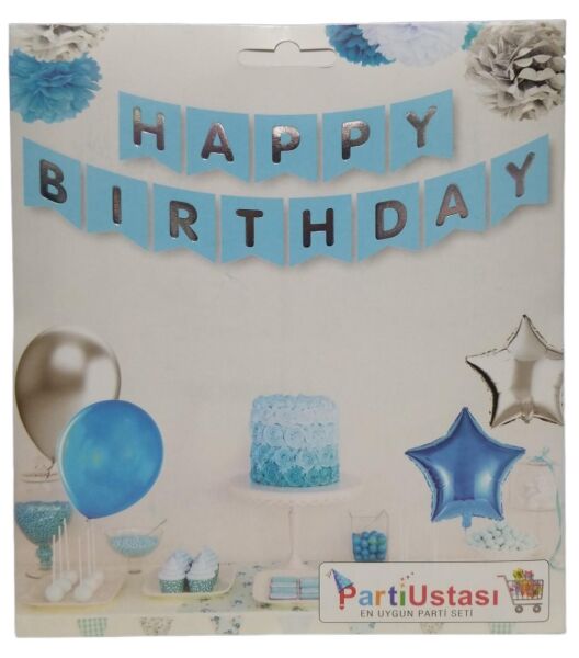 YAZI VARAKLI ZARF BANNER HAPPY MAVİ GÜMÜŞ