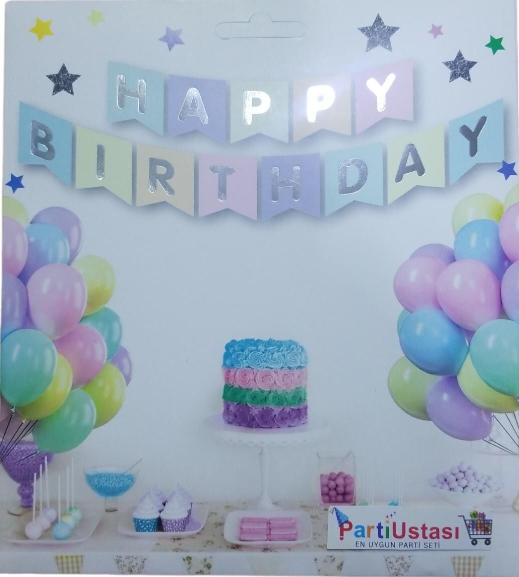 YAZI VARAKLI ZARF BANNER HAPPY MACARON GÜMÜŞ