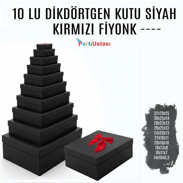 KUTU 10 LU DİKDÖRTGEN SİYAH / KIRMIZI KURDELELİ