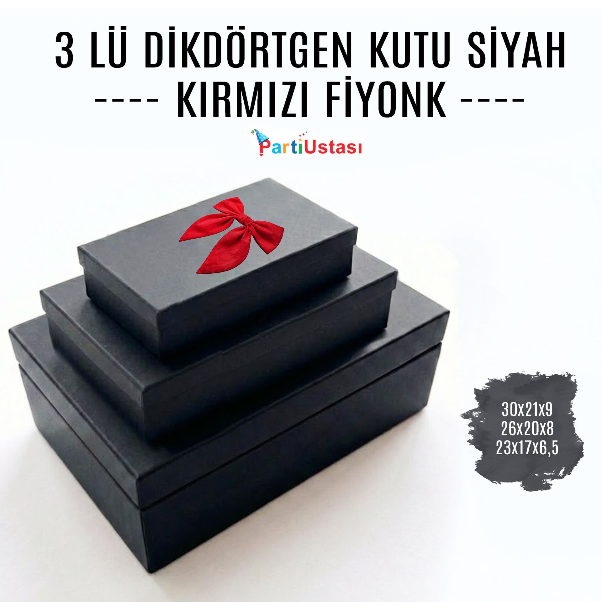KUTU 3 LÜ DİKDÖRTGEN SİYAH / KIRMIZI KURDELELİ