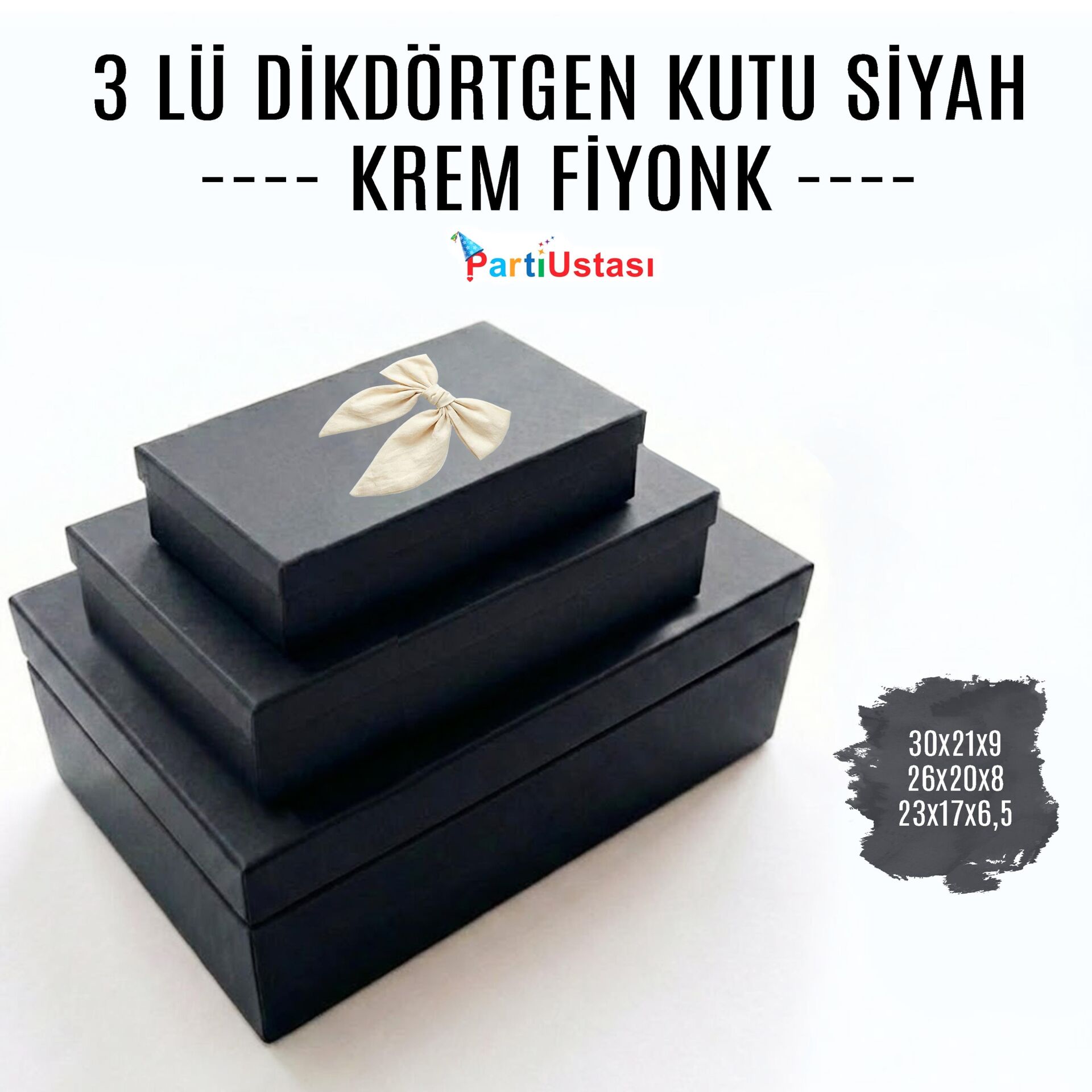 KUTU 3 LÜ DİKDÖRTGEN SİYAH / KREM KURDELELİ