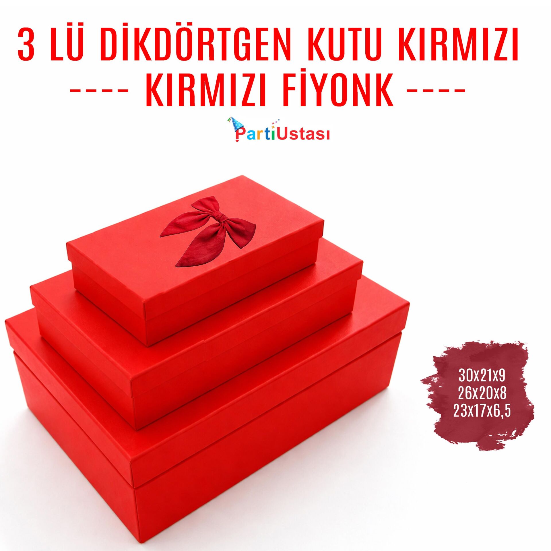 KUTU 3 LÜ DİKDÖRTGEN KIRMIZI / KIRMIZI KURDELELİ