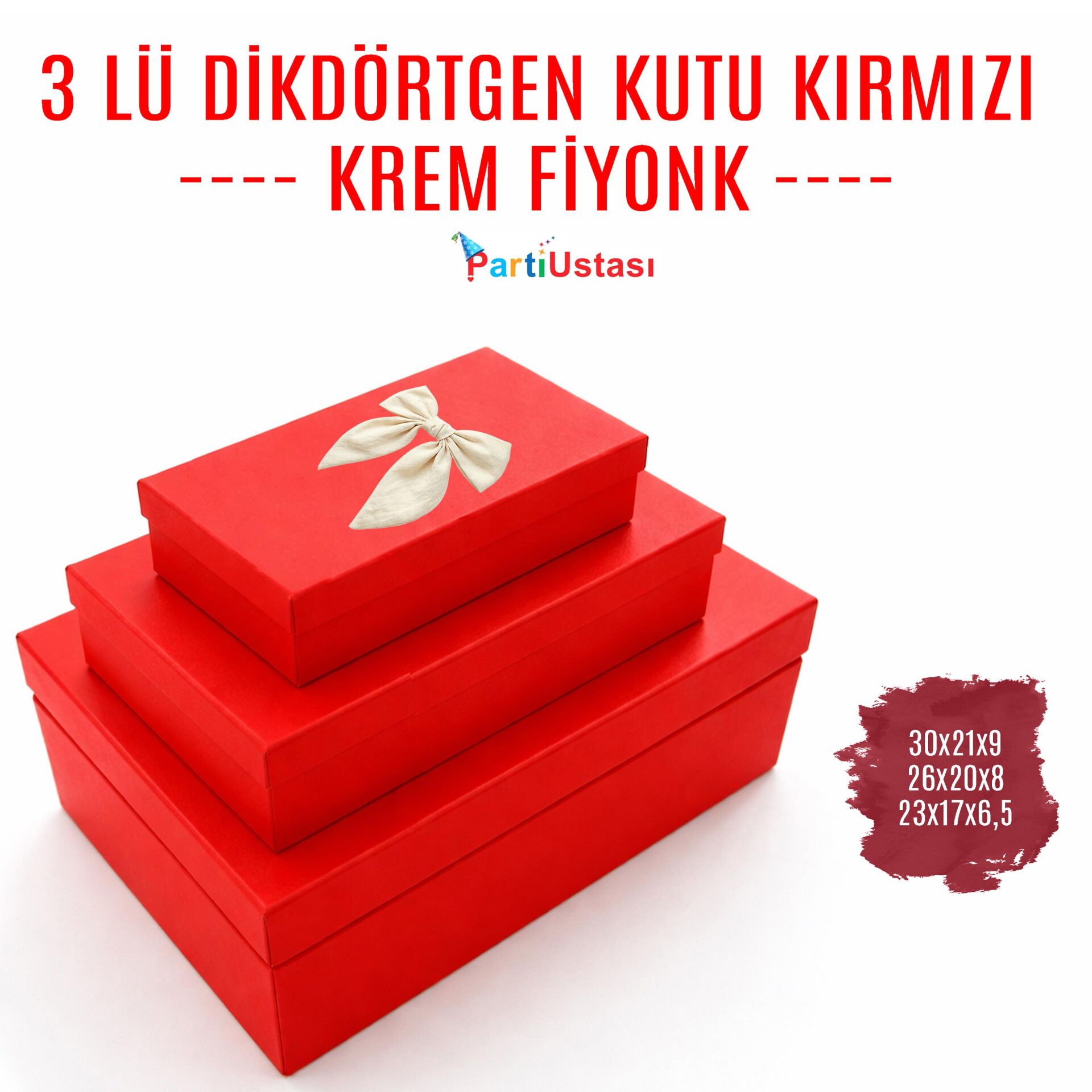 KUTU 3 LÜ DİKDÖRTGEN KIRMIZI / KREM KURDELELİ