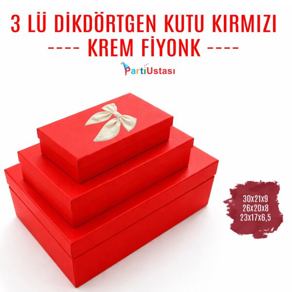 KUTU 3 LÜ DİKDÖRTGEN KIRMIZI / KREM KURDELELİ