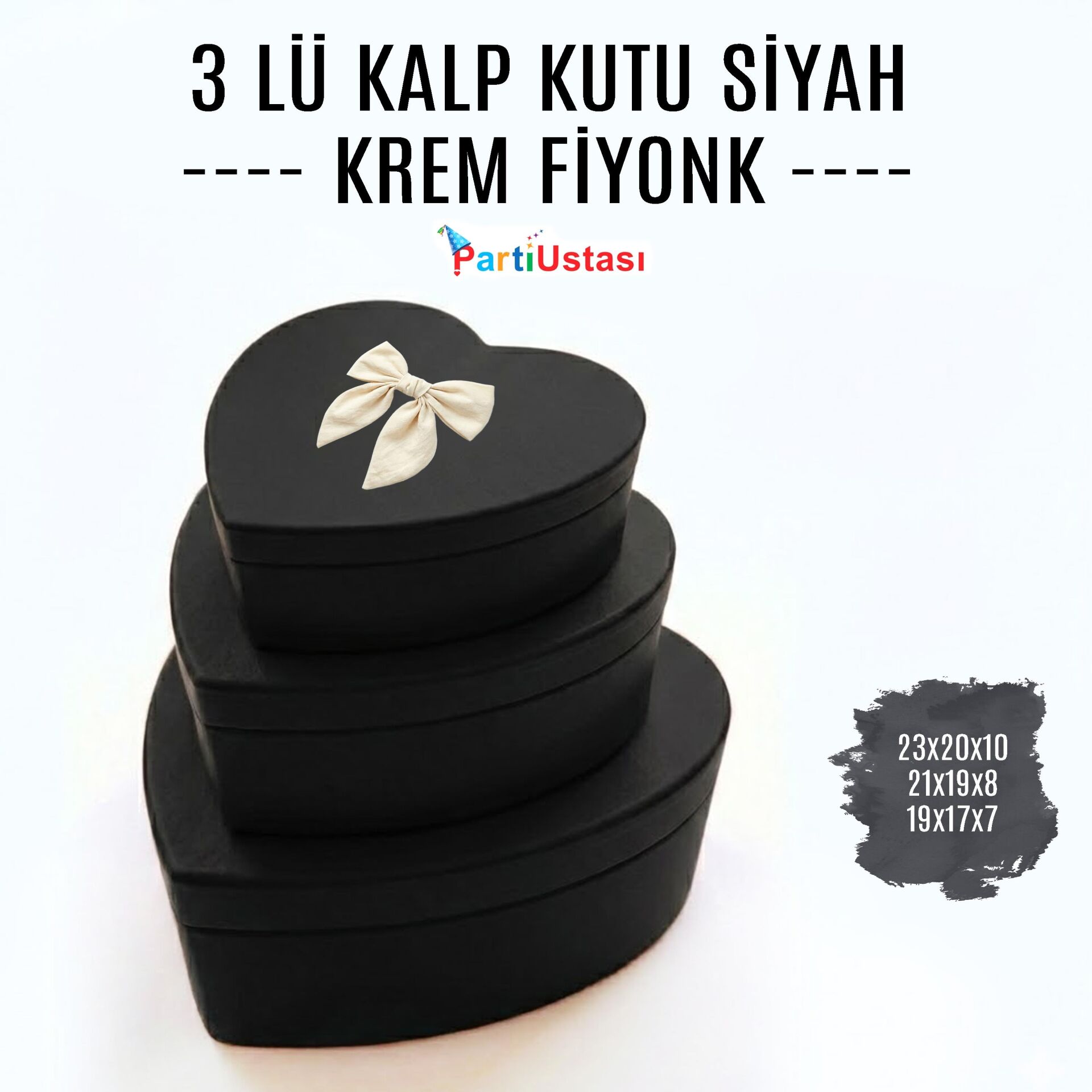 KUTU 3 LÜ KALP SİYAH / KREM KURDELELİ