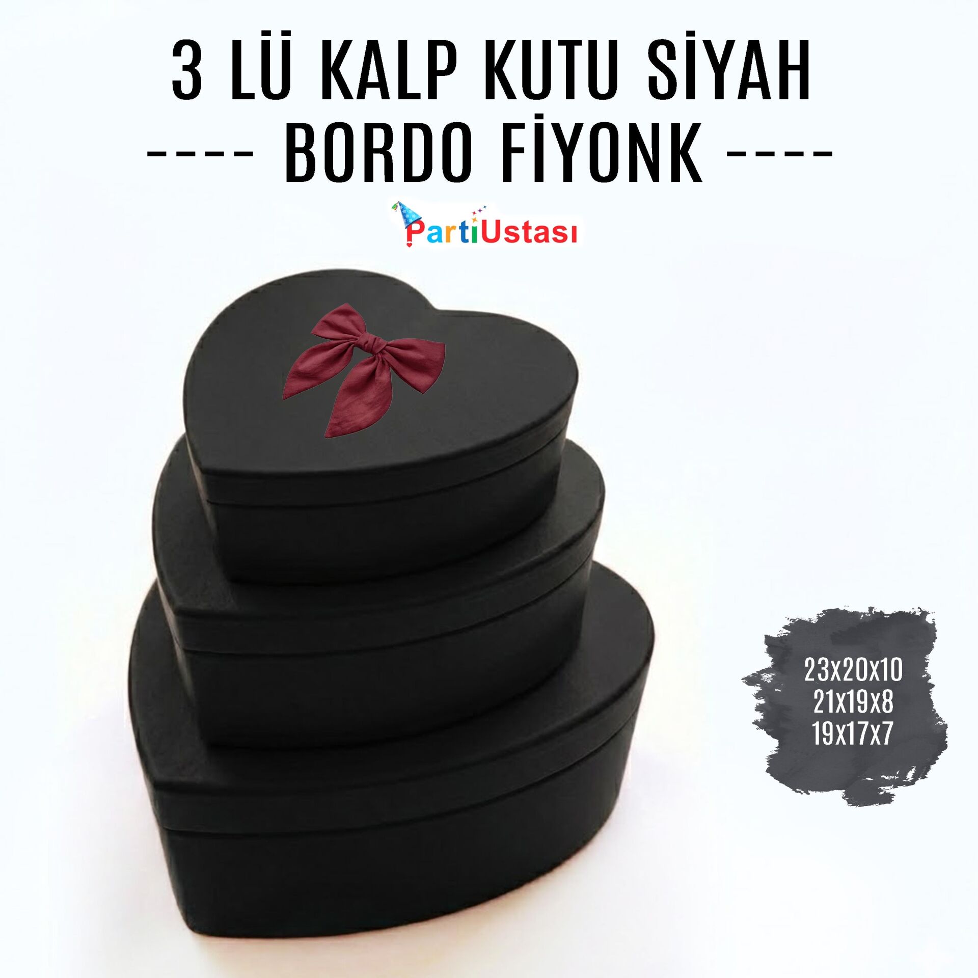 KUTU 3 LÜ KALP SİYAH / BORDO KURDELELİ
