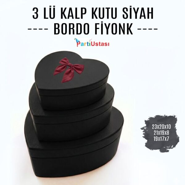 KUTU 3 LÜ KALP SİYAH / BORDO KURDELELİ