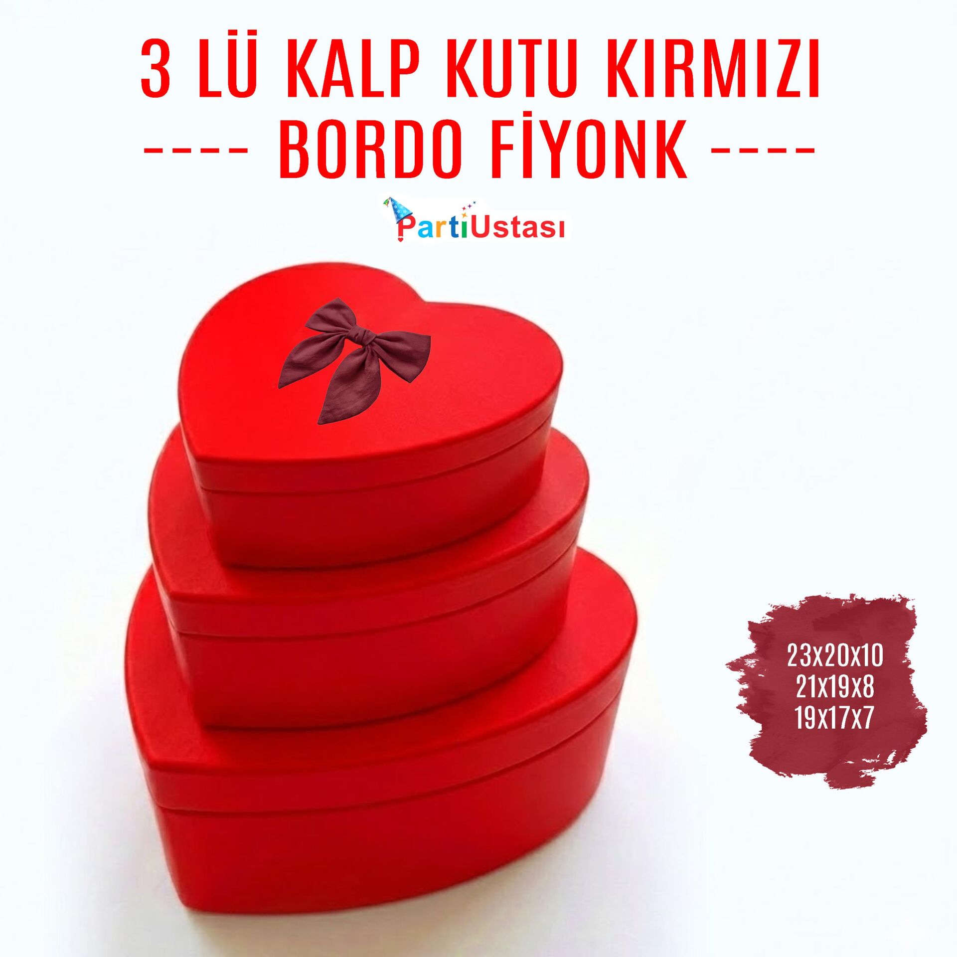 KUTU 3 LÜ KALP KIRMIZI / BORDO KURDELELİ