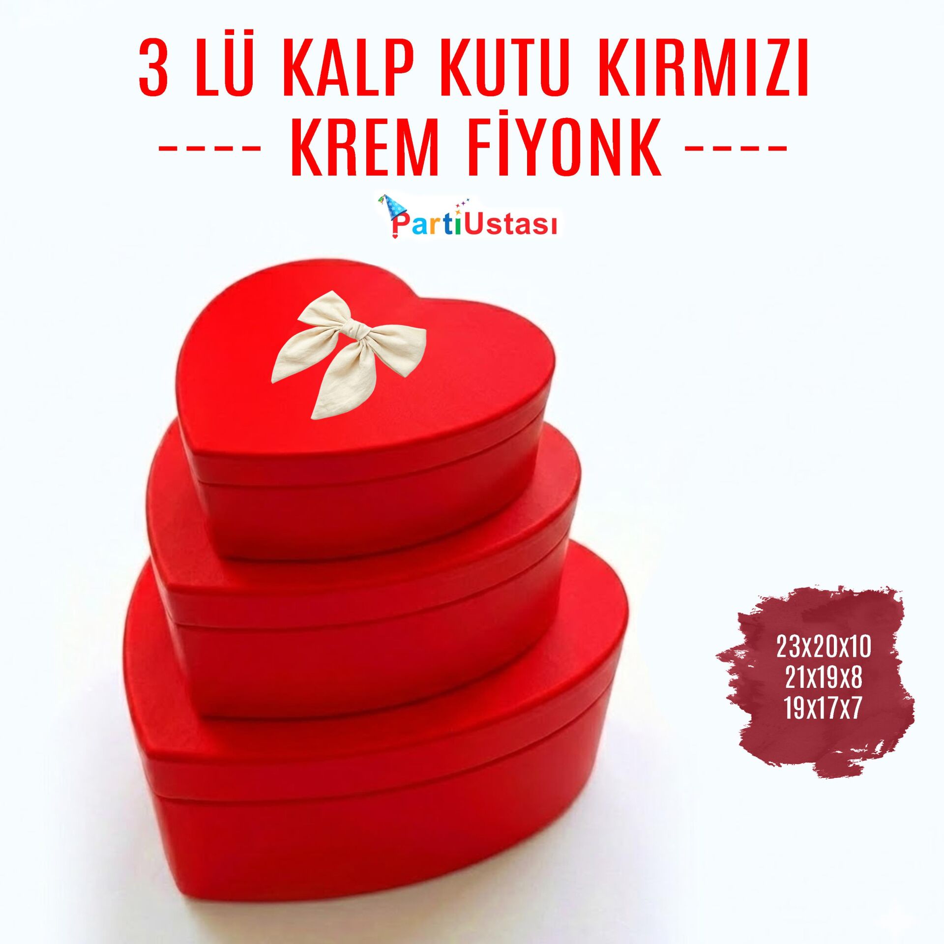 KUTU 3 LÜ KALP KIRMIZI / KREM KURDELELİ