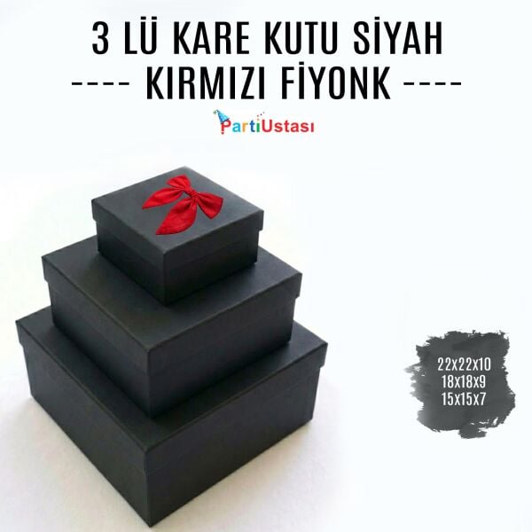 KUTU 3 LÜ KARE SİYAH / KIRMIZI KURDELELİ