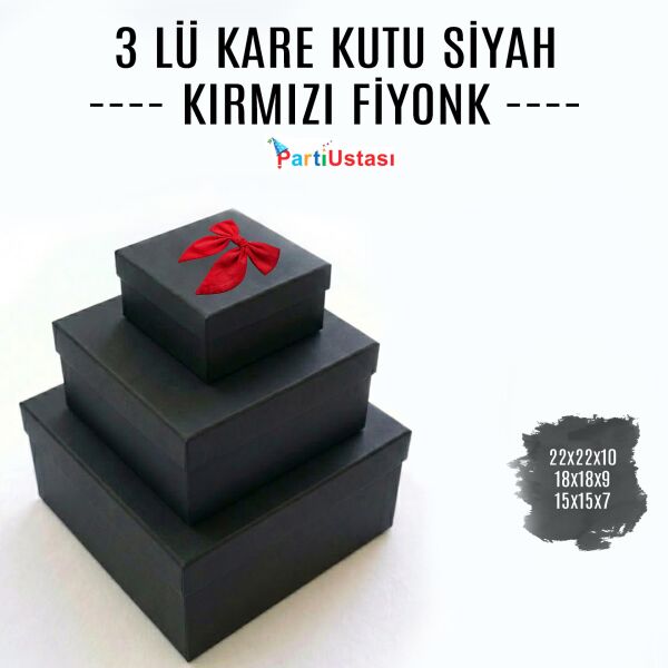 KUTU 3 LÜ KARE SİYAH / KIRMIZI KURDELELİ