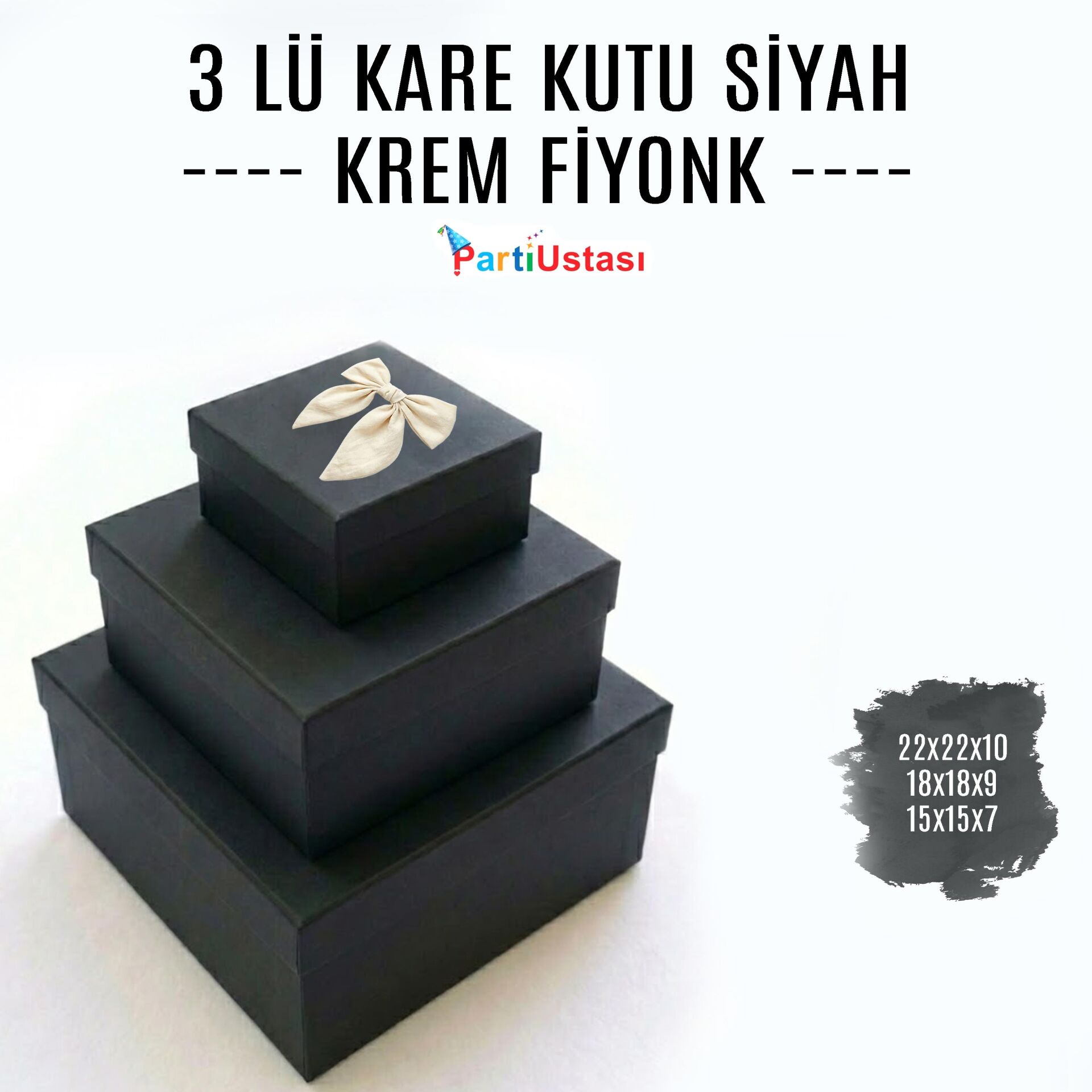 KUTU 3 LÜ KARE SİYAH / KREM KURDELELİ