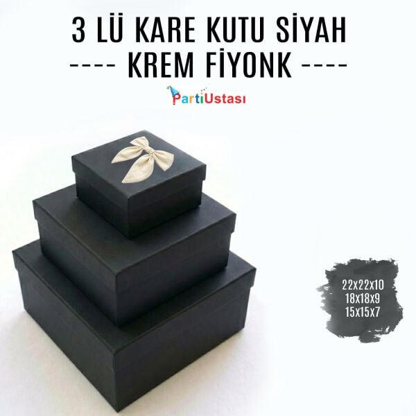 KUTU 3 LÜ KARE SİYAH / KREM KURDELELİ