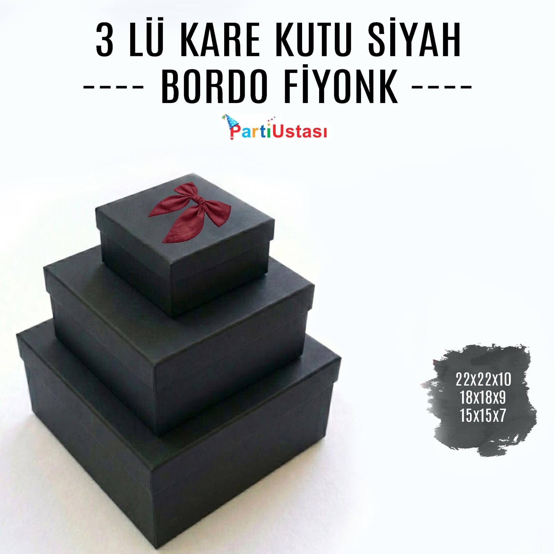 KUTU 3 LÜ KARE SİYAH / BORDO KURDELELİ