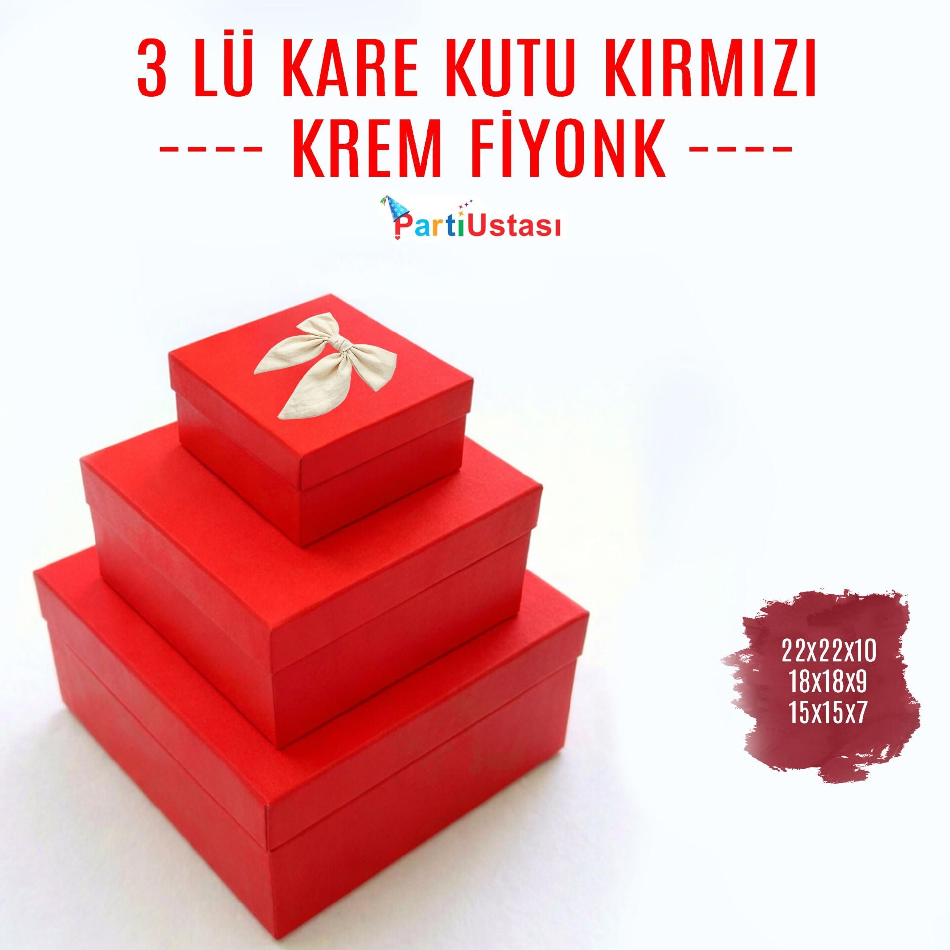 KUTU 3 LÜ KARE KIRMIZI / KREM KURDELELİ