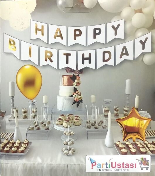 YAZI VARAKLI ZARF BANNER HAPPY  BEYAZ GOLD