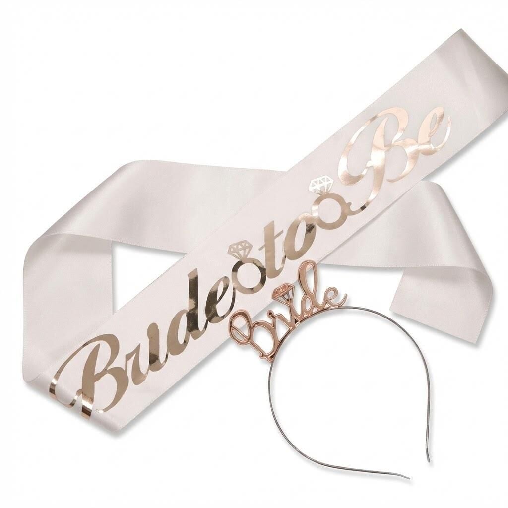 SET TAÇ METAL KUŞAK BRİDE BEYAZ ZEMİN ROSE YAZI