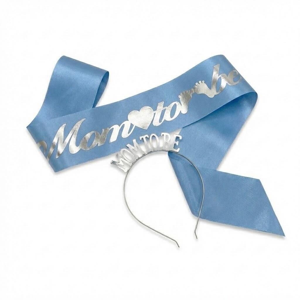 SET TAÇ METAL KUŞAK MOM TO MAVİ ZEMİN GÜMÜŞ YAZI