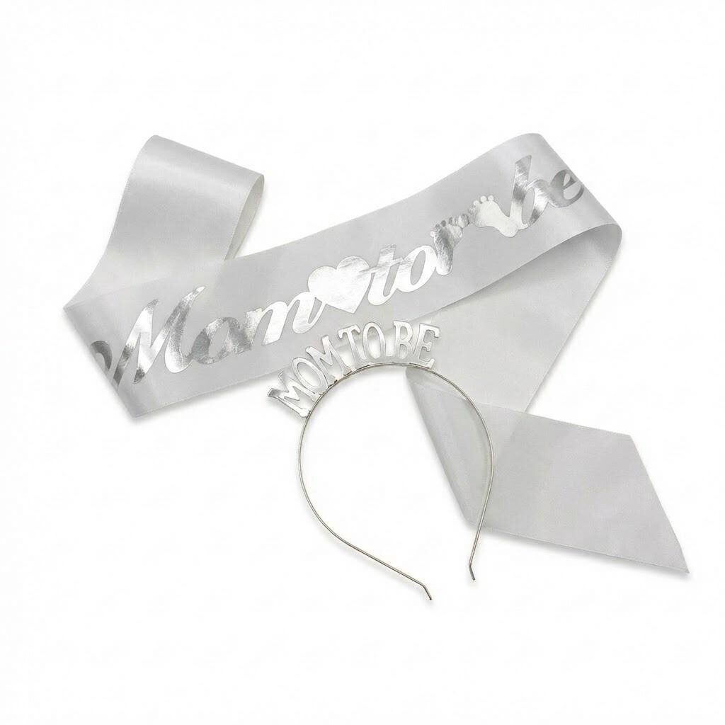 SET TAÇ METAL KUŞAK MOM TO BEYAZ ZEMİN GÜMÜŞ YAZI