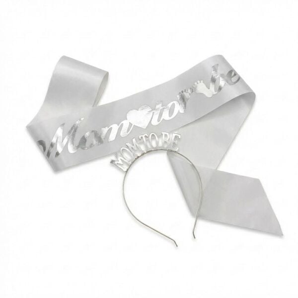 SET TAÇ METAL KUŞAK MOM TO BEYAZ ZEMİN GÜMÜŞ YAZI