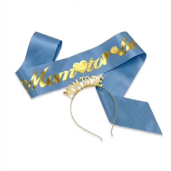 SET TAÇ METAL KUŞAK MOM TO MAVİ ZEMİN GOLD YAZI