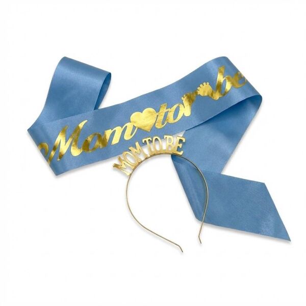 SET TAÇ METAL KUŞAK MOM TO MAVİ ZEMİN GOLD YAZI