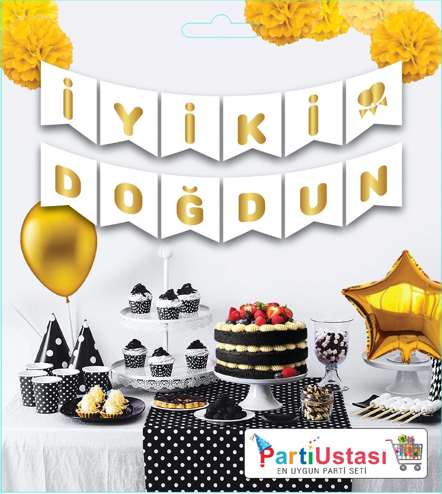 YAZI VARAKLI ZARF BANNER İYİKİ DOĞDUN BEYAZ  GOLD