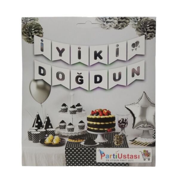 YAZI VARAKLI ZARF BANNER İYİKİ DOĞDUN BEYAZ GÜMÜŞ