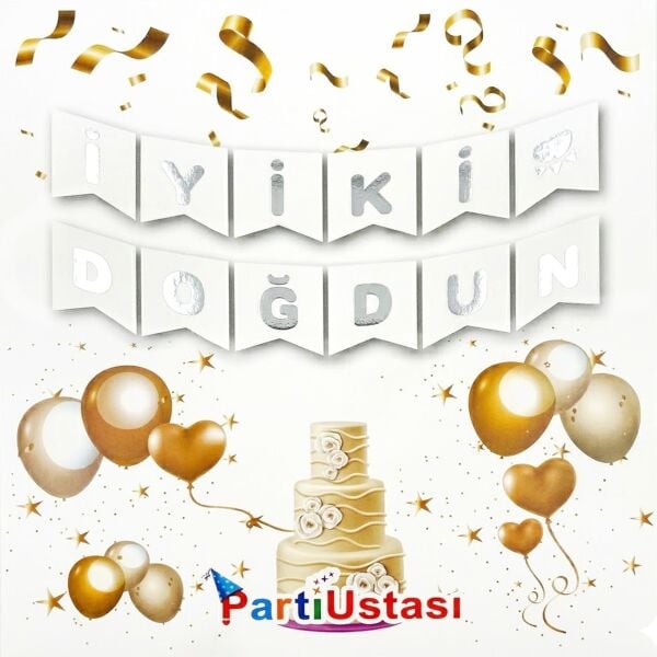 YAZI VARAKLI ZARF BANNER İYİKİ DOĞDUN BEYAZ GÜMÜŞ