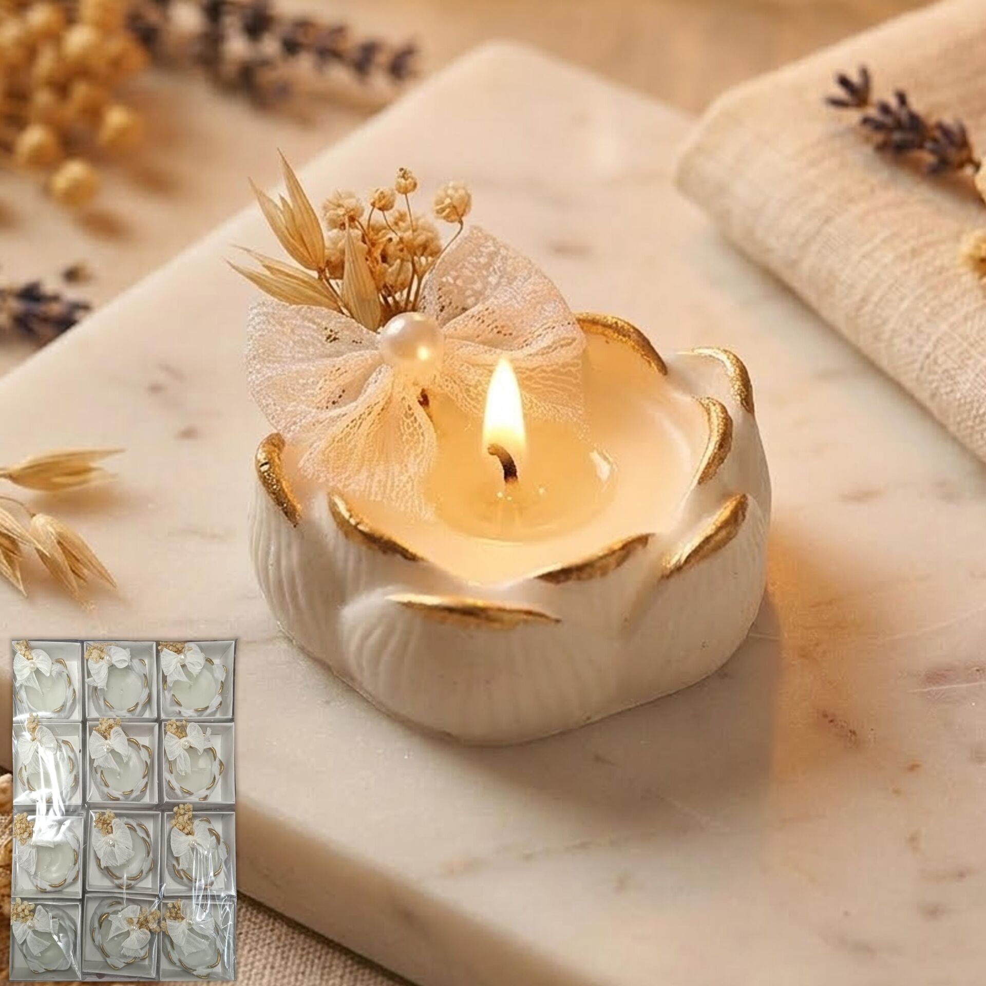 MUM TN POLYESTER VARAKLI MUMLUK LOTUS SÜSLÜ 12 Lİ