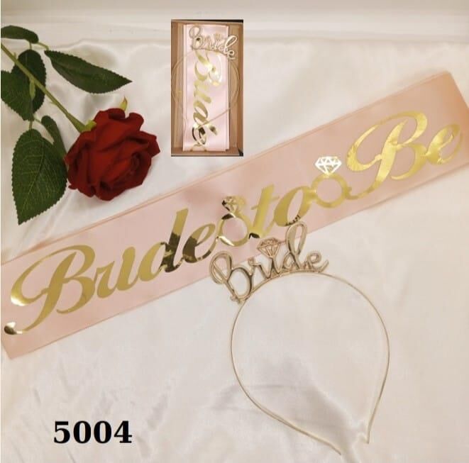 SET TAÇ METAL KUŞAK BRİDE PEMBE ZEMİN GOLD YAZILI