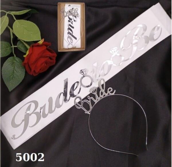 SET TAÇ METAL KUŞAK BRİDE BEYAZ ZEMİN GÜMÜŞ YAZILI