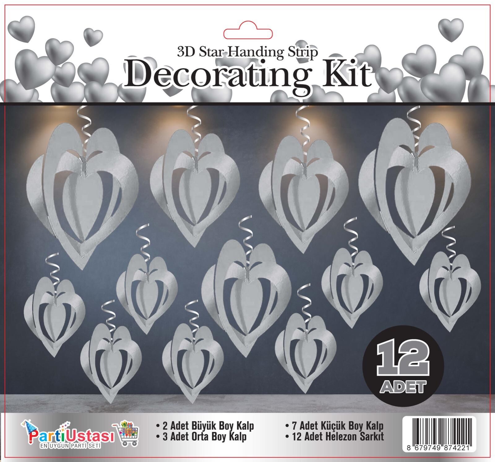 3D TAVAN SÜS 12 Lİ KALP GÜMÜŞ