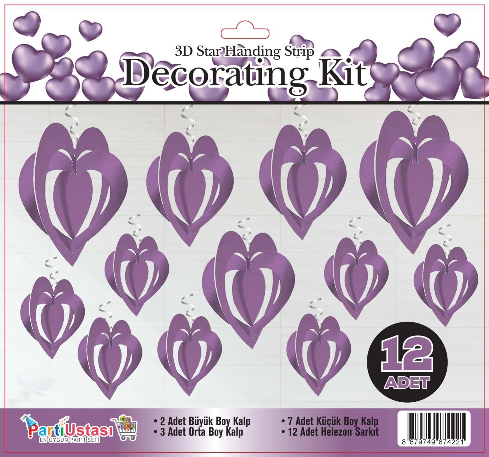 3D TAVAN SÜS 12 Lİ KALP MOR