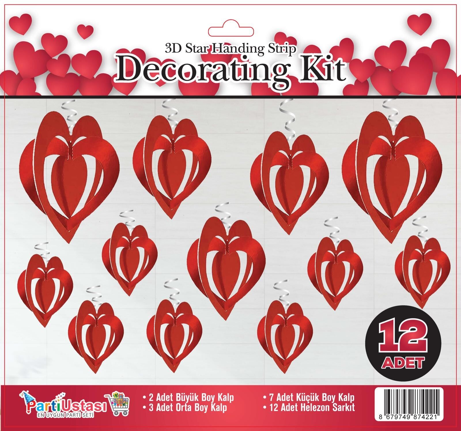 3D TAVAN SÜS 12 Lİ KALP KIRMIZI