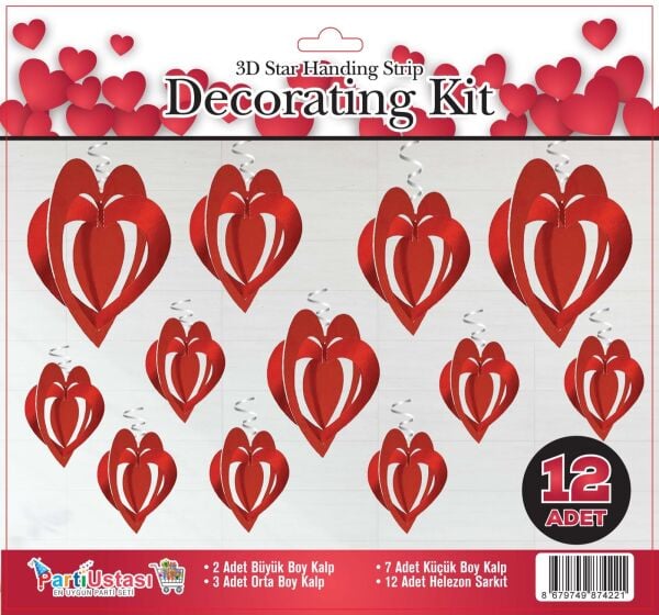 3D TAVAN SÜS 12 Lİ KALP KIRMIZI