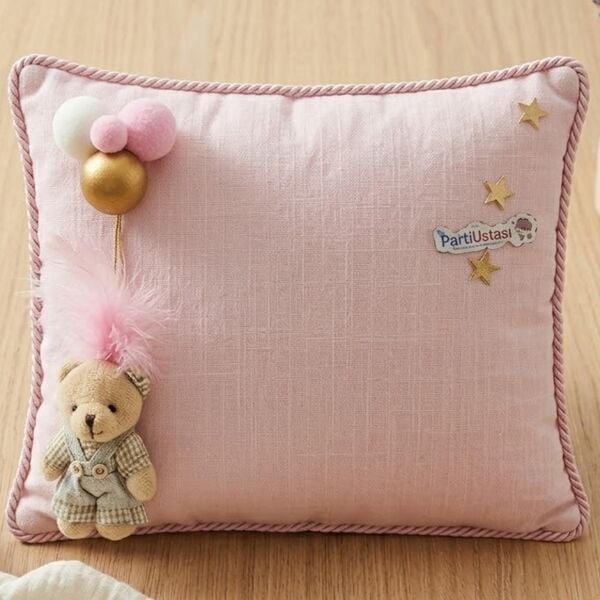 YASTIK TOPLU AYICIKLI PEMBE / ALTIN