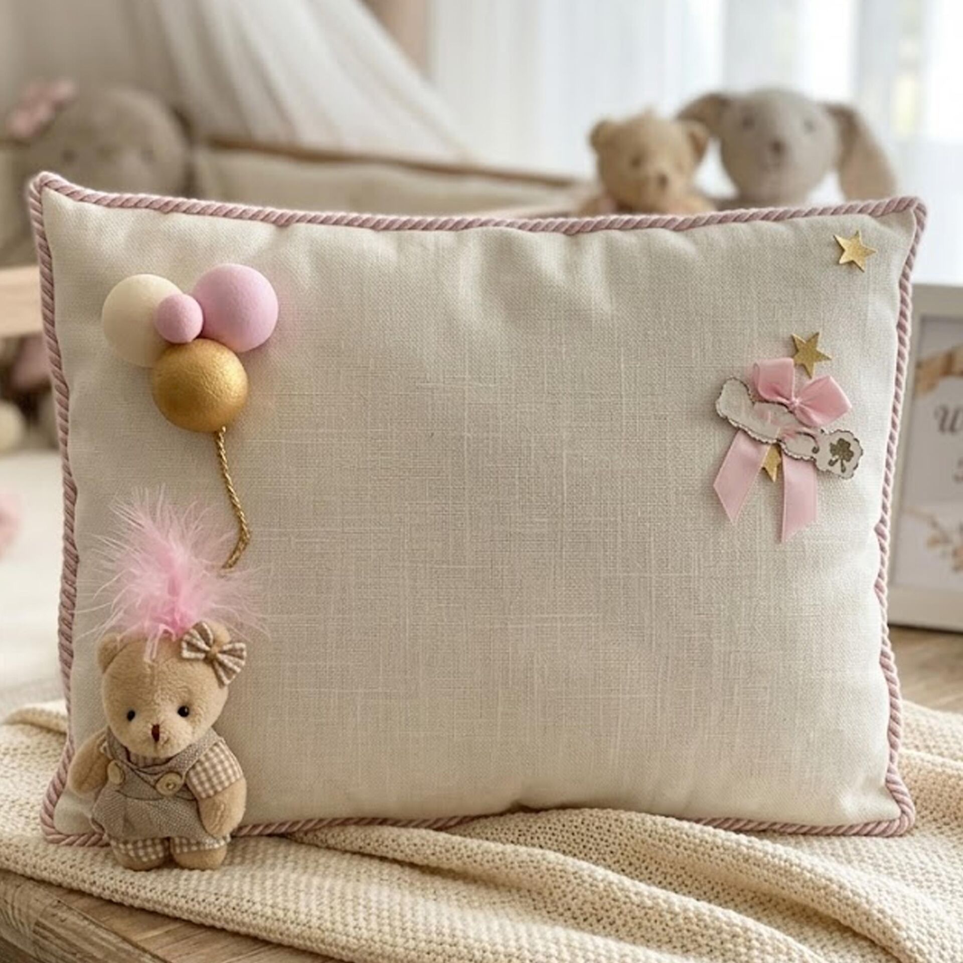 YASTIK TOPLU AYICIKLI KREM / PEMBE