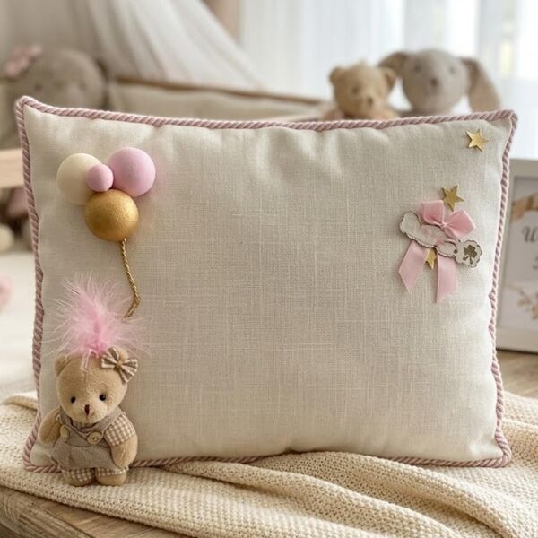 YASTIK TOPLU AYICIKLI KREM / PEMBE